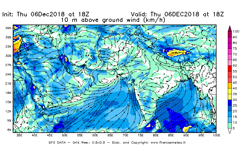 Mappa di analisi GFS - Velocità del vento a 10 metri dal suolo [km/h] in Asia Sud-Occidentale
							del 06/12/2018 18 <!--googleoff: index-->UTC<!--googleon: index-->
