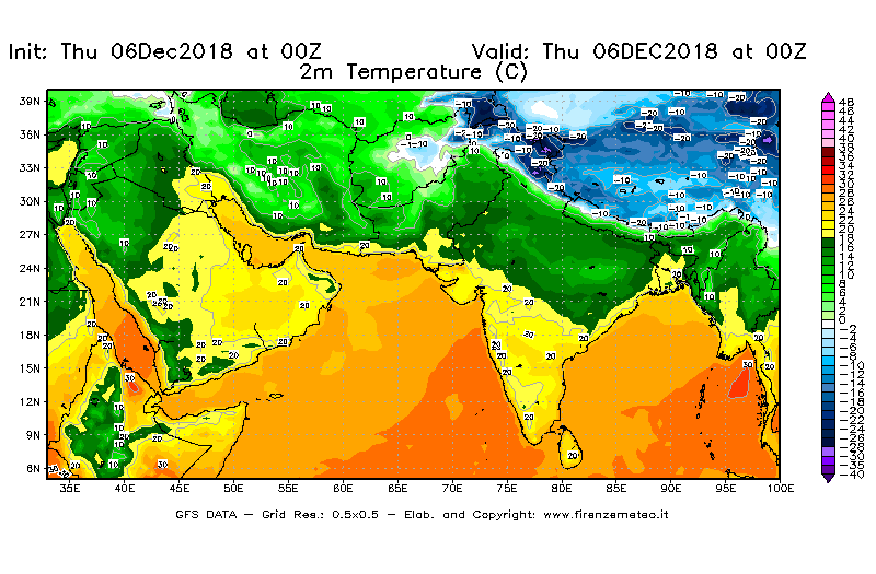 Mappa di analisi GFS - Temperatura a 2 metri dal suolo [°C] in Asia Sud-Occidentale
							del 06/12/2018 00 <!--googleoff: index-->UTC<!--googleon: index-->