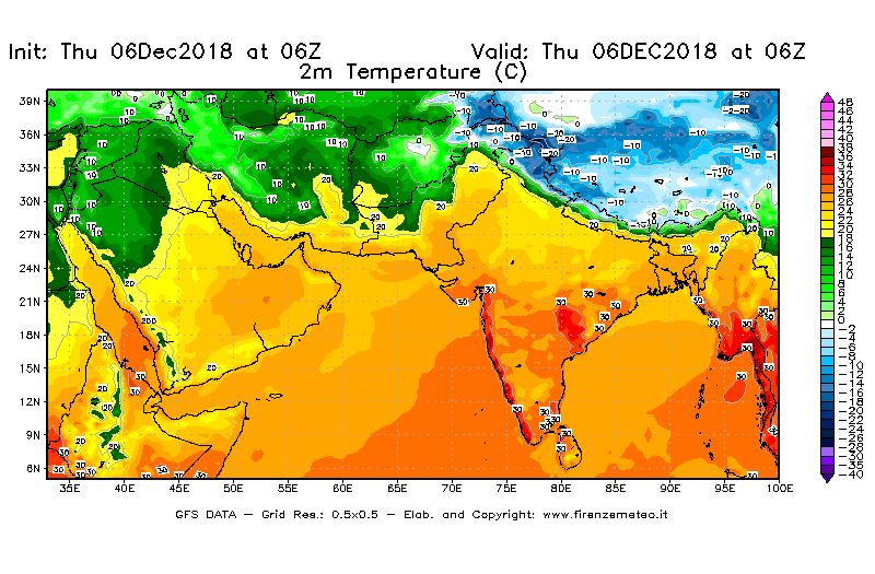 Mappa di analisi GFS - Temperatura a 2 metri dal suolo [°C] in Asia Sud-Occidentale
							del 06/12/2018 06 <!--googleoff: index-->UTC<!--googleon: index-->