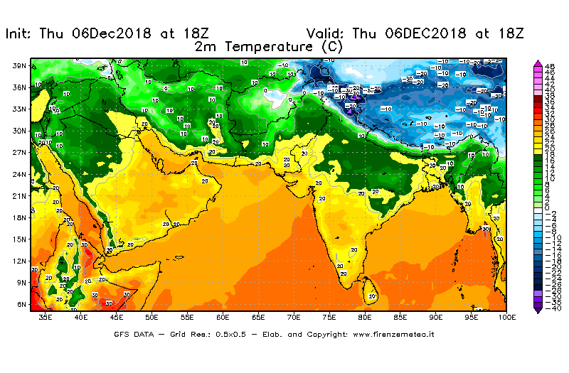 Mappa di analisi GFS - Temperatura a 2 metri dal suolo [°C] in Asia Sud-Occidentale
							del 06/12/2018 18 <!--googleoff: index-->UTC<!--googleon: index-->