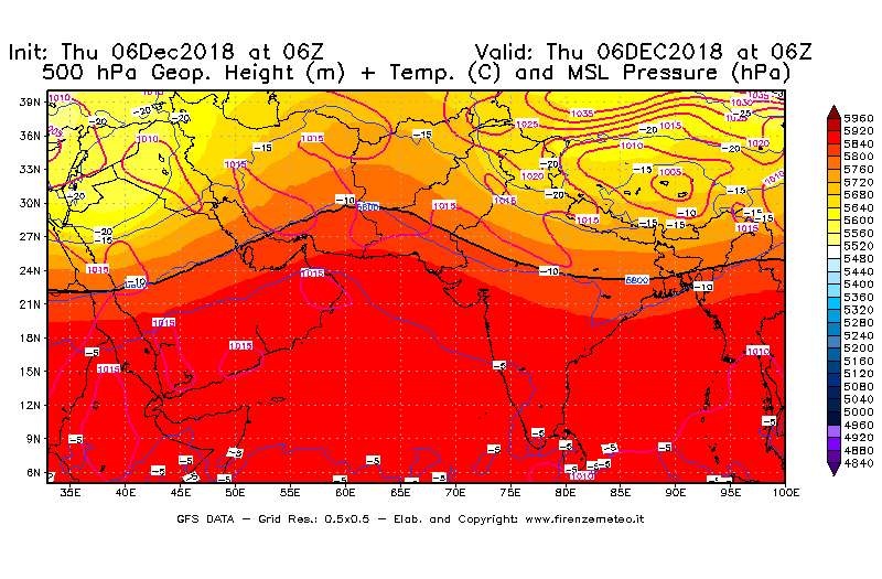 Mappa di analisi GFS - Geopotenziale [m] + Temp. [°C] a 500 hPa + Press. a livello del mare [hPa] in Asia Sud-Occidentale
							del 06/12/2018 06 <!--googleoff: index-->UTC<!--googleon: index-->