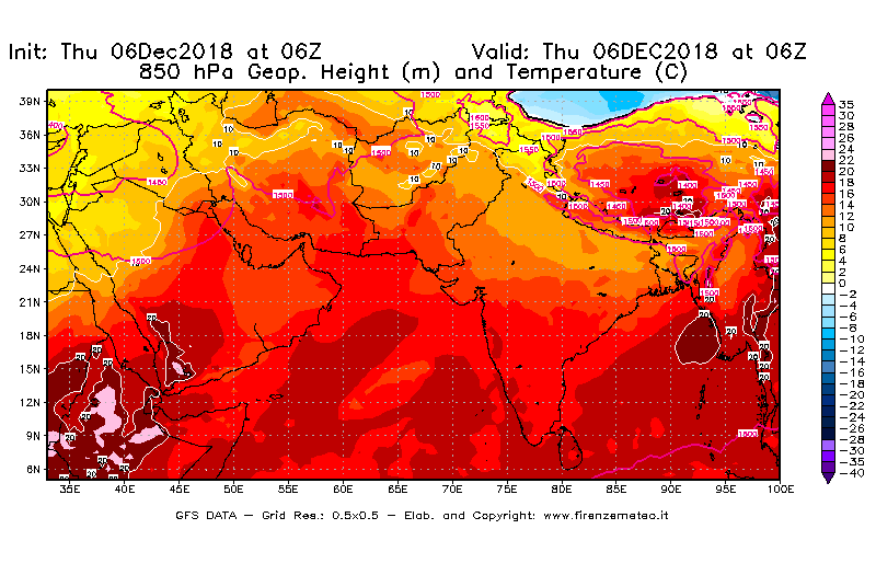 Mappa di analisi GFS - Geopotenziale [m] e Temperatura [°C] a 850 hPa in Asia Sud-Occidentale
							del 06/12/2018 06 <!--googleoff: index-->UTC<!--googleon: index-->
