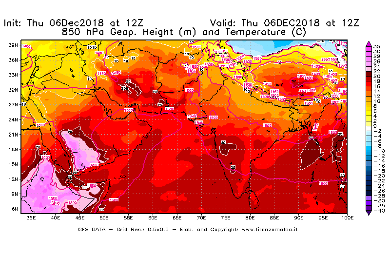 Mappa di analisi GFS - Geopotenziale [m] e Temperatura [°C] a 850 hPa in Asia Sud-Occidentale
							del 06/12/2018 12 <!--googleoff: index-->UTC<!--googleon: index-->