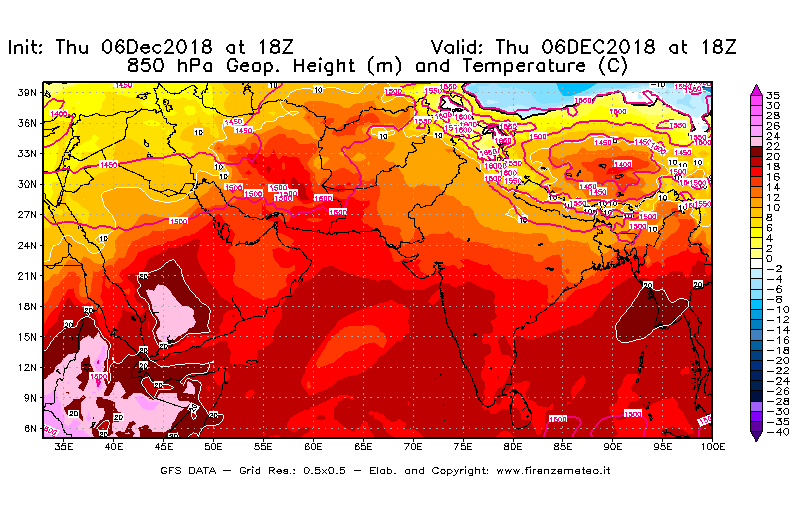 Mappa di analisi GFS - Geopotenziale [m] e Temperatura [°C] a 850 hPa in Asia Sud-Occidentale
							del 06/12/2018 18 <!--googleoff: index-->UTC<!--googleon: index-->