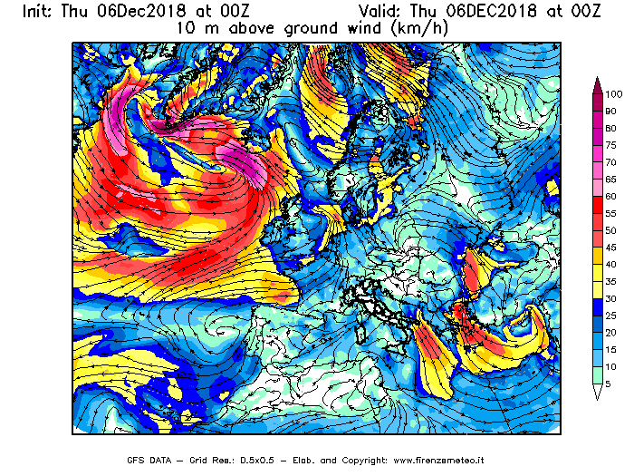 Mappa di analisi GFS - Velocità del vento a 10 metri dal suolo [km/h] in Europa
							del 06/12/2018 00 <!--googleoff: index-->UTC<!--googleon: index-->