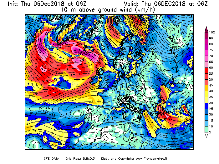 Mappa di analisi GFS - Velocità del vento a 10 metri dal suolo [km/h] in Europa
							del 06/12/2018 06 <!--googleoff: index-->UTC<!--googleon: index-->