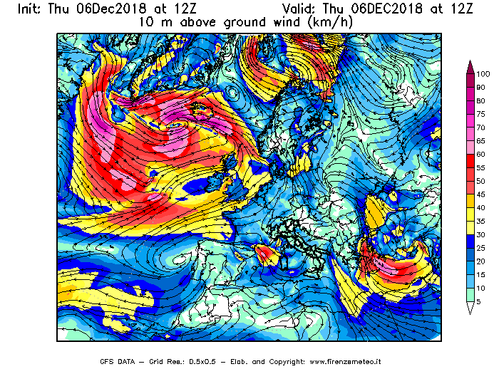 Mappa di analisi GFS - Velocità del vento a 10 metri dal suolo [km/h] in Europa
							del 06/12/2018 12 <!--googleoff: index-->UTC<!--googleon: index-->