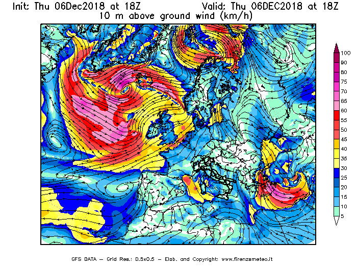 Mappa di analisi GFS - Velocità del vento a 10 metri dal suolo [km/h] in Europa
							del 06/12/2018 18 <!--googleoff: index-->UTC<!--googleon: index-->