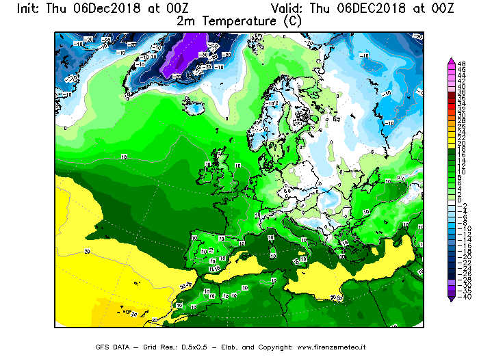 Mappa di analisi GFS - Temperatura a 2 metri dal suolo [°C] in Europa
							del 06/12/2018 00 <!--googleoff: index-->UTC<!--googleon: index-->