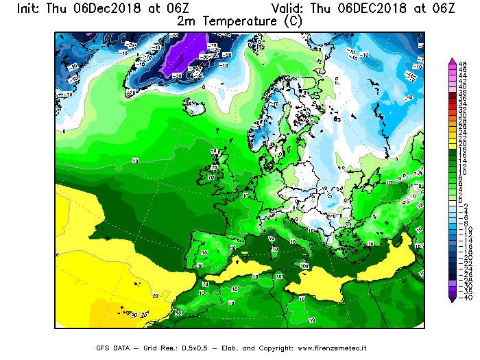 Mappa di analisi GFS - Temperatura a 2 metri dal suolo [°C] in Europa
							del 06/12/2018 06 <!--googleoff: index-->UTC<!--googleon: index-->