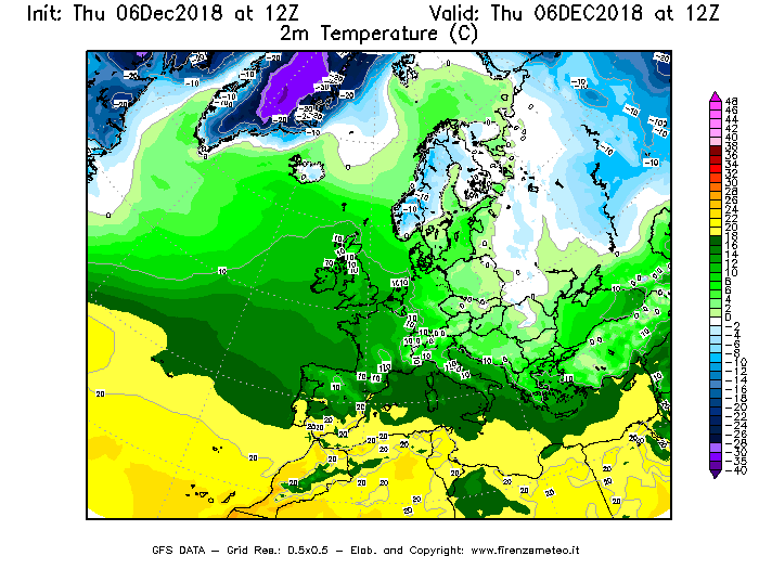 Mappa di analisi GFS - Temperatura a 2 metri dal suolo [°C] in Europa
							del 06/12/2018 12 <!--googleoff: index-->UTC<!--googleon: index-->
