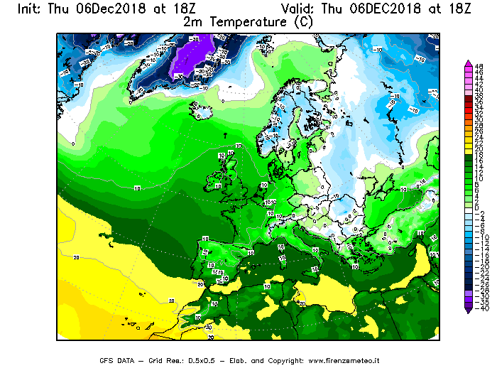 Mappa di analisi GFS - Temperatura a 2 metri dal suolo [°C] in Europa
							del 06/12/2018 18 <!--googleoff: index-->UTC<!--googleon: index-->