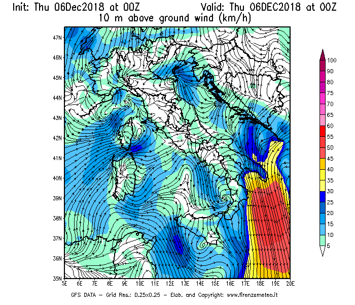 Mappa di analisi GFS - Velocità del vento a 10 metri dal suolo [km/h] in Italia
							del 06/12/2018 00 <!--googleoff: index-->UTC<!--googleon: index-->