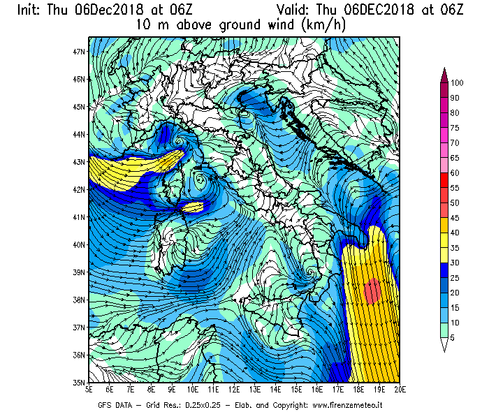 Mappa di analisi GFS - Velocità del vento a 10 metri dal suolo [km/h] in Italia
							del 06/12/2018 06 <!--googleoff: index-->UTC<!--googleon: index-->