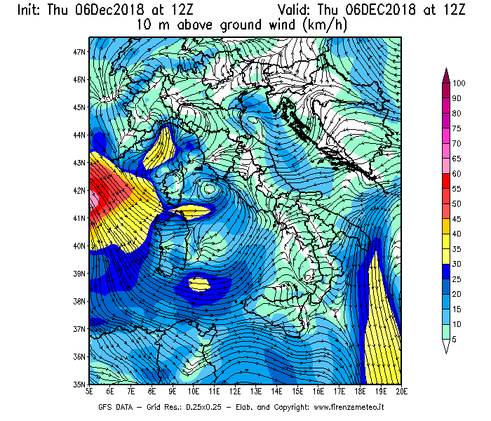 Mappa di analisi GFS - Velocità del vento a 10 metri dal suolo [km/h] in Italia
							del 06/12/2018 12 <!--googleoff: index-->UTC<!--googleon: index-->