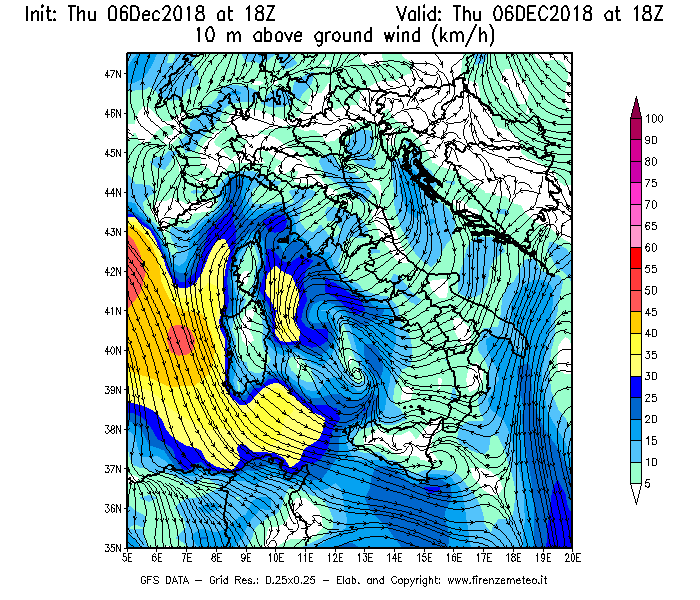 Mappa di analisi GFS - Velocità del vento a 10 metri dal suolo [km/h] in Italia
							del 06/12/2018 18 <!--googleoff: index-->UTC<!--googleon: index-->