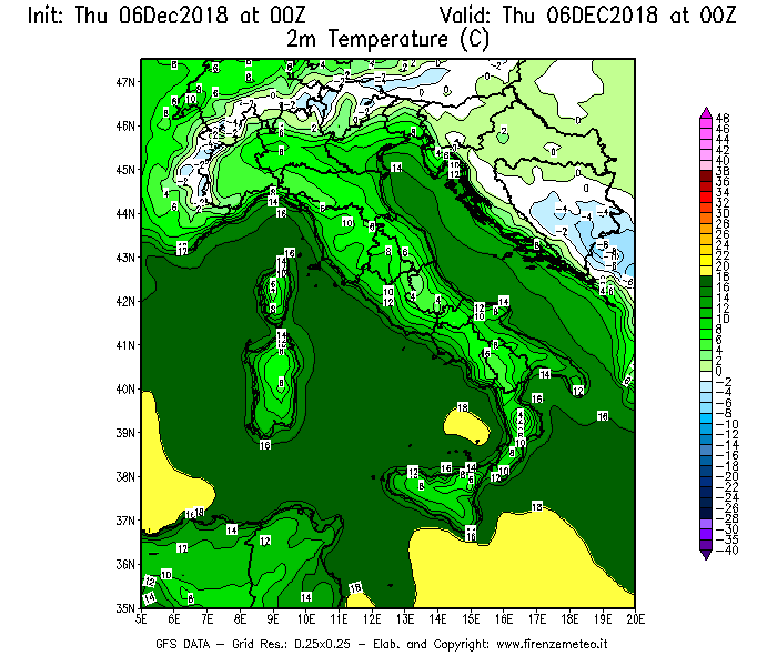 Mappa di analisi GFS - Temperatura a 2 metri dal suolo [°C] in Italia
							del 06/12/2018 00 <!--googleoff: index-->UTC<!--googleon: index-->