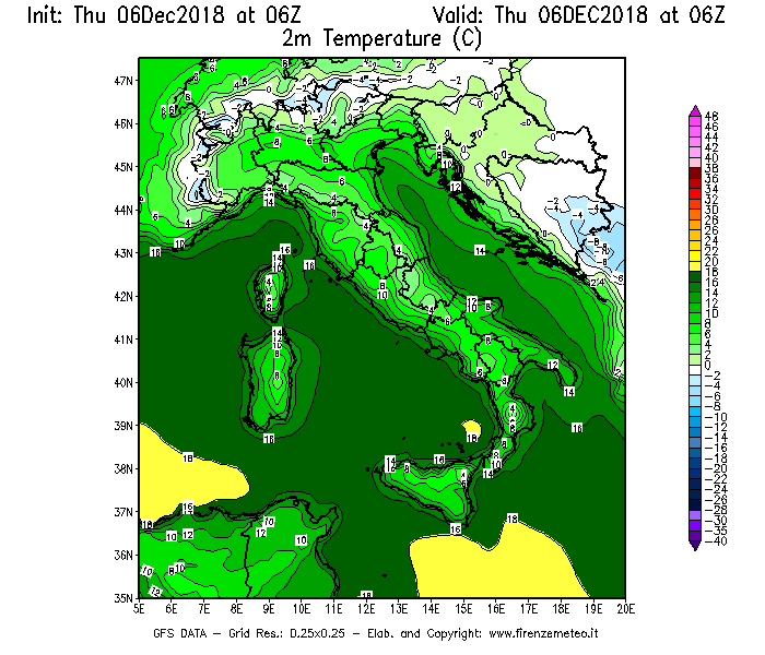Mappa di analisi GFS - Temperatura a 2 metri dal suolo [°C] in Italia
							del 06/12/2018 06 <!--googleoff: index-->UTC<!--googleon: index-->