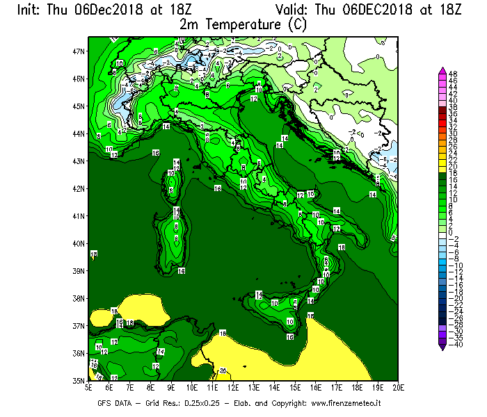 Mappa di analisi GFS - Temperatura a 2 metri dal suolo [°C] in Italia
							del 06/12/2018 18 <!--googleoff: index-->UTC<!--googleon: index-->