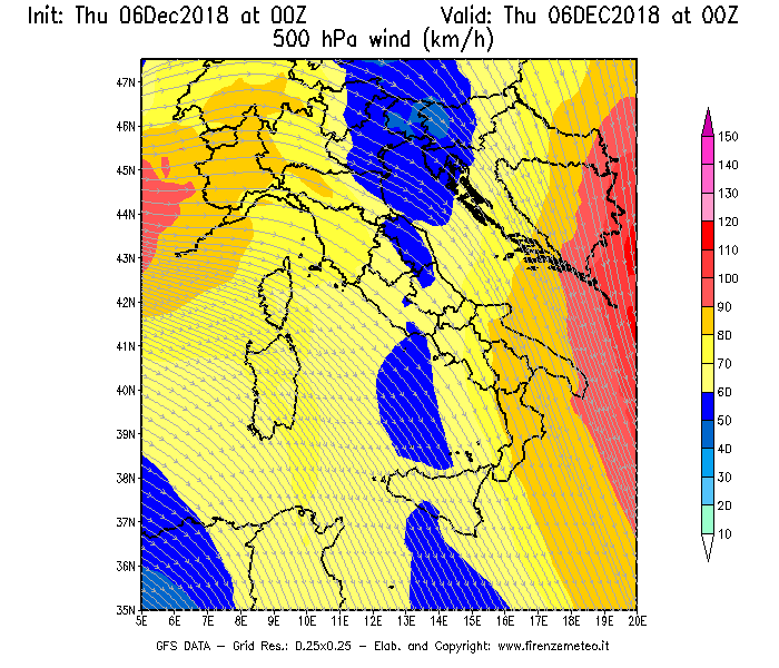 Mappa di analisi GFS - Velocità del vento a 500 hPa [km/h] in Italia
							del 06/12/2018 00 <!--googleoff: index-->UTC<!--googleon: index-->