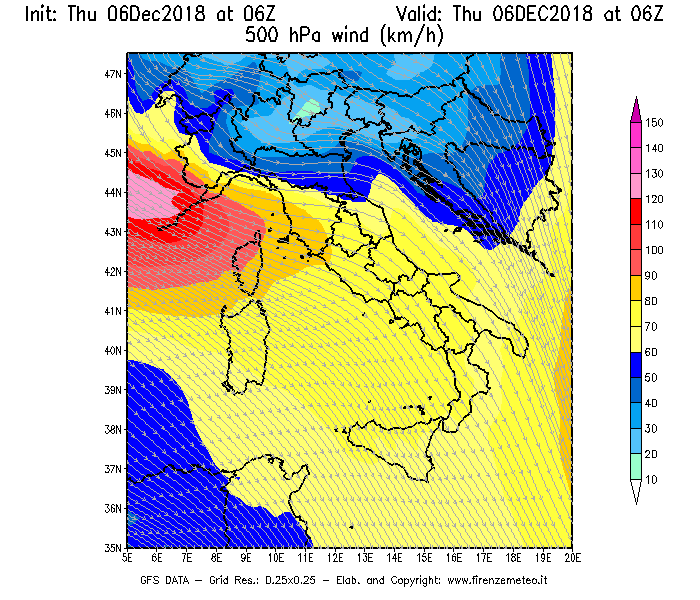 Mappa di analisi GFS - Velocità del vento a 500 hPa [km/h] in Italia
							del 06/12/2018 06 <!--googleoff: index-->UTC<!--googleon: index-->