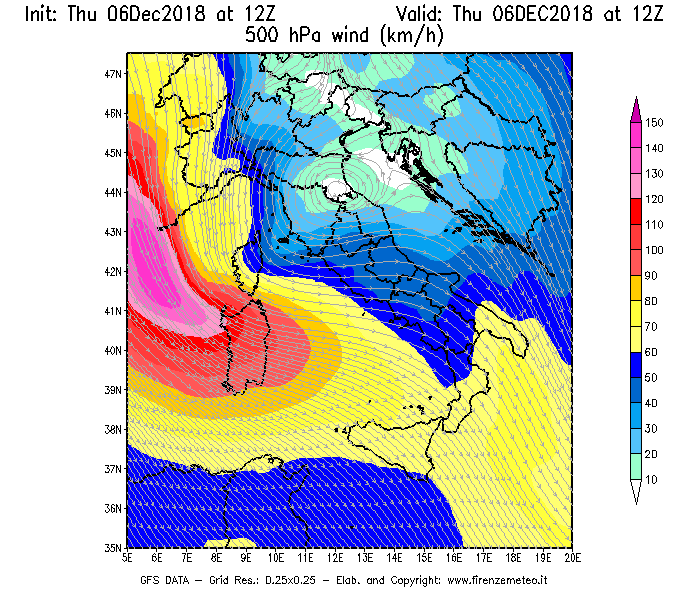 Mappa di analisi GFS - Velocità del vento a 500 hPa [km/h] in Italia
							del 06/12/2018 12 <!--googleoff: index-->UTC<!--googleon: index-->