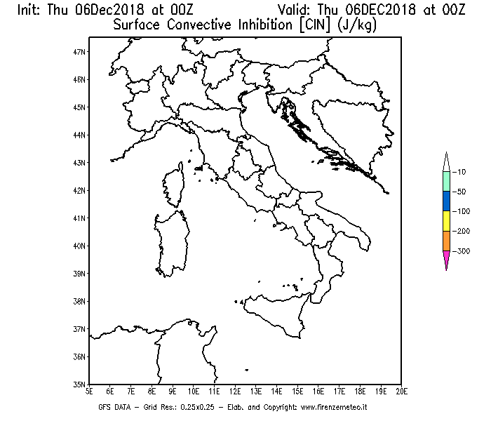 Mappa di analisi GFS - CIN [J/kg] in Italia
							del 06/12/2018 00 <!--googleoff: index-->UTC<!--googleon: index-->