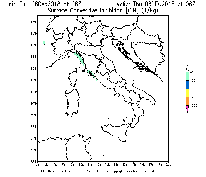 Mappa di analisi GFS - CIN [J/kg] in Italia
							del 06/12/2018 06 <!--googleoff: index-->UTC<!--googleon: index-->