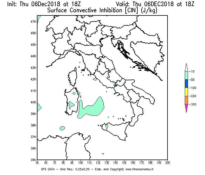 Mappa di analisi GFS - CIN [J/kg] in Italia
							del 06/12/2018 18 <!--googleoff: index-->UTC<!--googleon: index-->