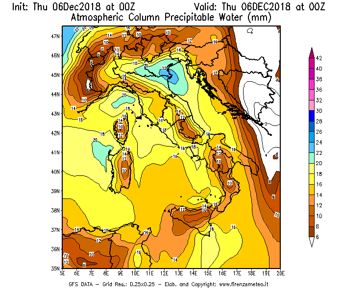 Mappa di analisi GFS - Precipitable Water [mm] in Italia
							del 06/12/2018 00 <!--googleoff: index-->UTC<!--googleon: index-->