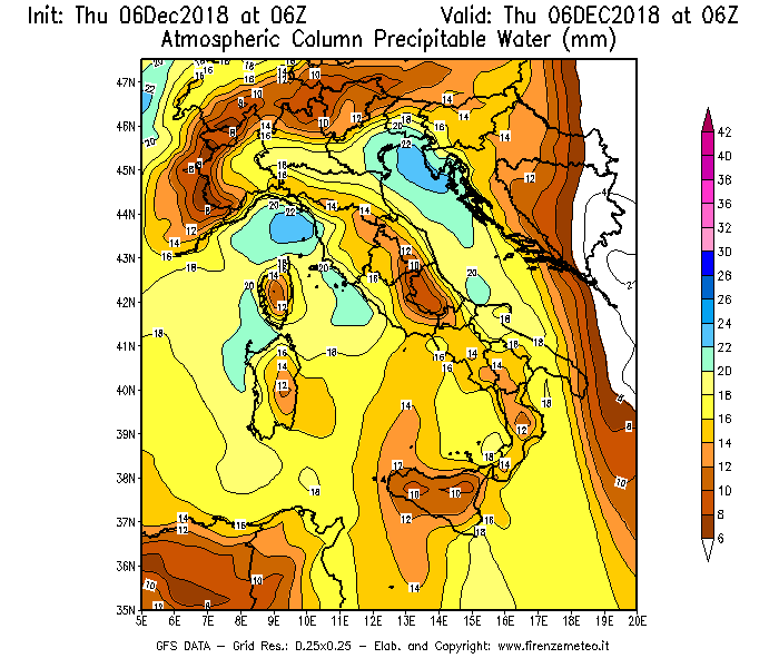 Mappa di analisi GFS - Precipitable Water [mm] in Italia
							del 06/12/2018 06 <!--googleoff: index-->UTC<!--googleon: index-->