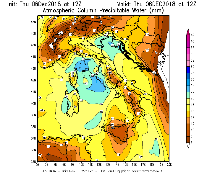Mappa di analisi GFS - Precipitable Water [mm] in Italia
							del 06/12/2018 12 <!--googleoff: index-->UTC<!--googleon: index-->