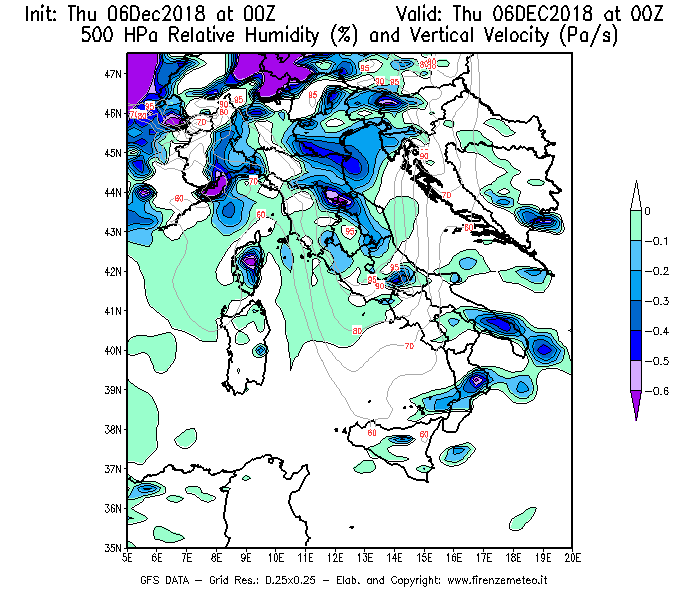 Mappa di analisi GFS - Umidità relativa [%] e Omega [Pa/s] a 500 hPa in Italia
							del 06/12/2018 00 <!--googleoff: index-->UTC<!--googleon: index-->