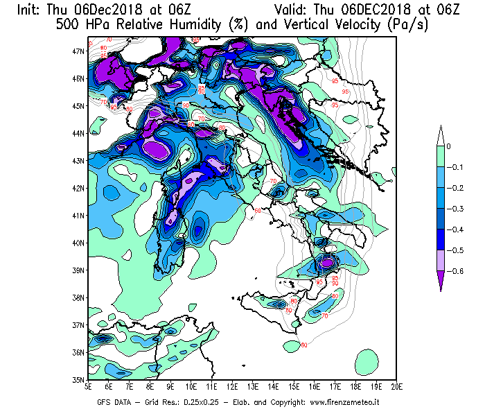 Mappa di analisi GFS - Umidità relativa [%] e Omega [Pa/s] a 500 hPa in Italia
							del 06/12/2018 06 <!--googleoff: index-->UTC<!--googleon: index-->