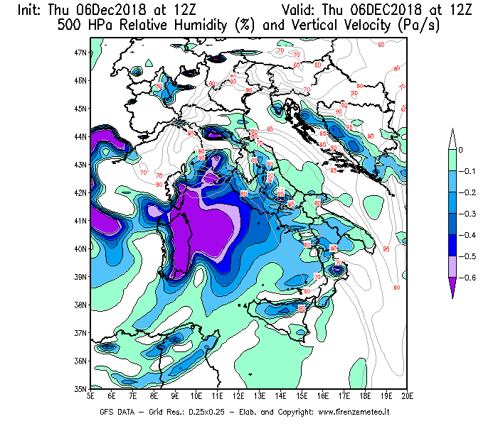 Mappa di analisi GFS - Umidità relativa [%] e Omega [Pa/s] a 500 hPa in Italia
							del 06/12/2018 12 <!--googleoff: index-->UTC<!--googleon: index-->