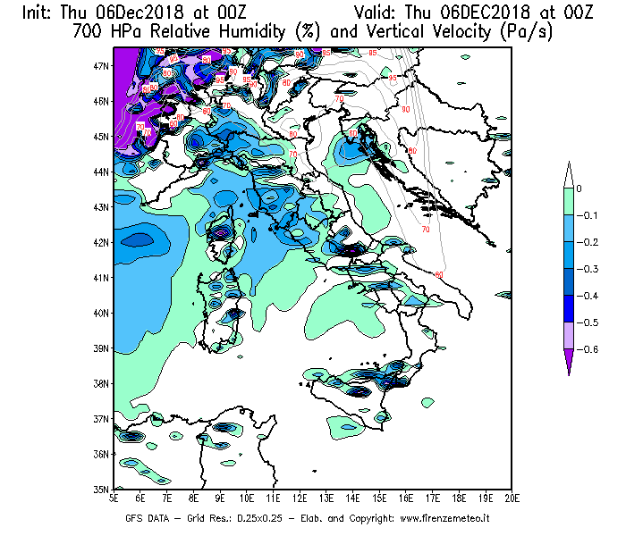 Mappa di analisi GFS - Umidità relativa [%] e Omega [Pa/s] a 700 hPa in Italia
							del 06/12/2018 00 <!--googleoff: index-->UTC<!--googleon: index-->