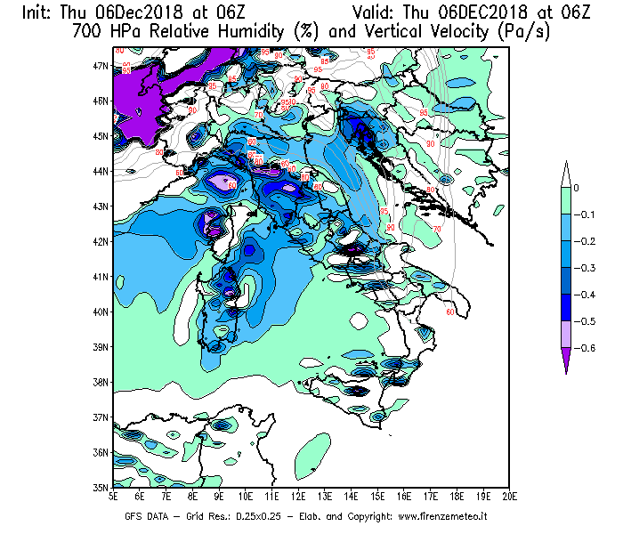 Mappa di analisi GFS - Umidità relativa [%] e Omega [Pa/s] a 700 hPa in Italia
							del 06/12/2018 06 <!--googleoff: index-->UTC<!--googleon: index-->