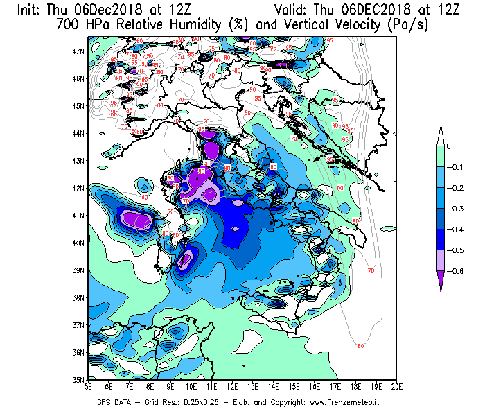 Mappa di analisi GFS - Umidità relativa [%] e Omega [Pa/s] a 700 hPa in Italia
							del 06/12/2018 12 <!--googleoff: index-->UTC<!--googleon: index-->