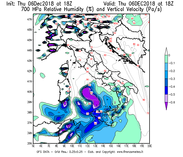 Mappa di analisi GFS - Umidità relativa [%] e Omega [Pa/s] a 700 hPa in Italia
							del 06/12/2018 18 <!--googleoff: index-->UTC<!--googleon: index-->