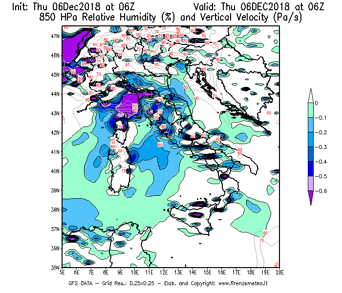 Mappa di analisi GFS - Umidità relativa [%] e Omega [Pa/s] a 850 hPa in Italia
							del 06/12/2018 06 <!--googleoff: index-->UTC<!--googleon: index-->