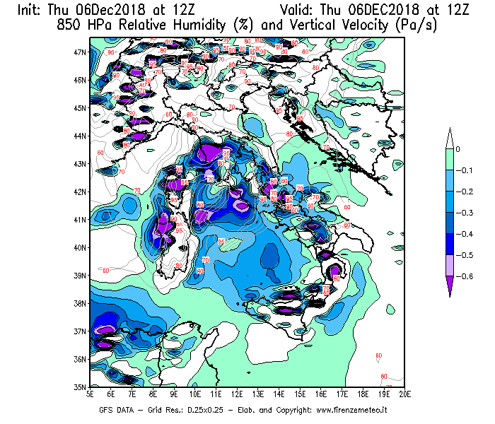 Mappa di analisi GFS - Umidità relativa [%] e Omega [Pa/s] a 850 hPa in Italia
							del 06/12/2018 12 <!--googleoff: index-->UTC<!--googleon: index-->