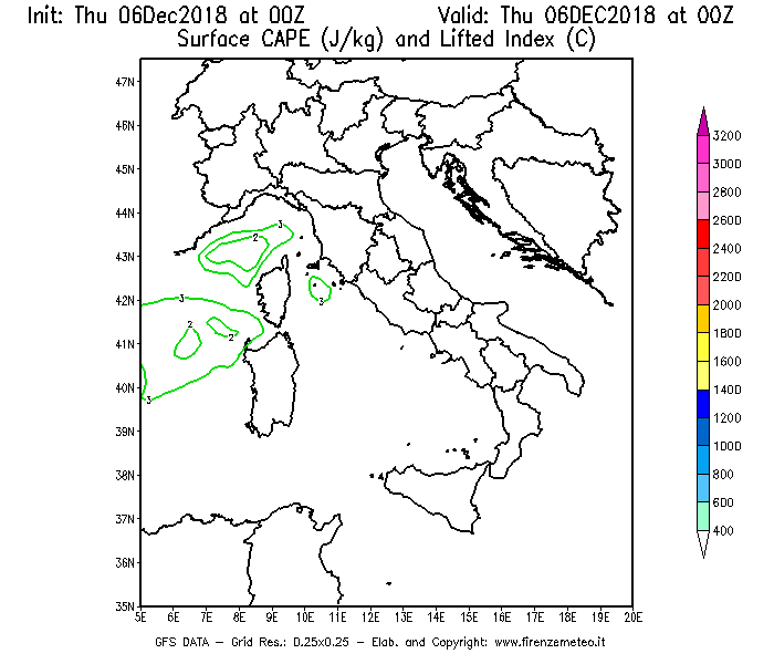 Mappa di analisi GFS - CAPE [J/kg] e Lifted Index [°C] in Italia
							del 06/12/2018 00 <!--googleoff: index-->UTC<!--googleon: index-->