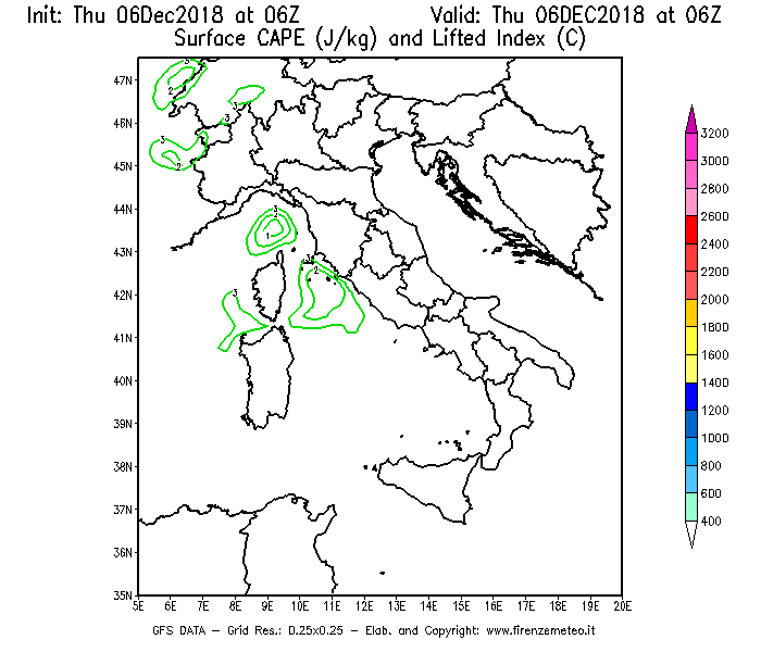 Mappa di analisi GFS - CAPE [J/kg] e Lifted Index [°C] in Italia
							del 06/12/2018 06 <!--googleoff: index-->UTC<!--googleon: index-->