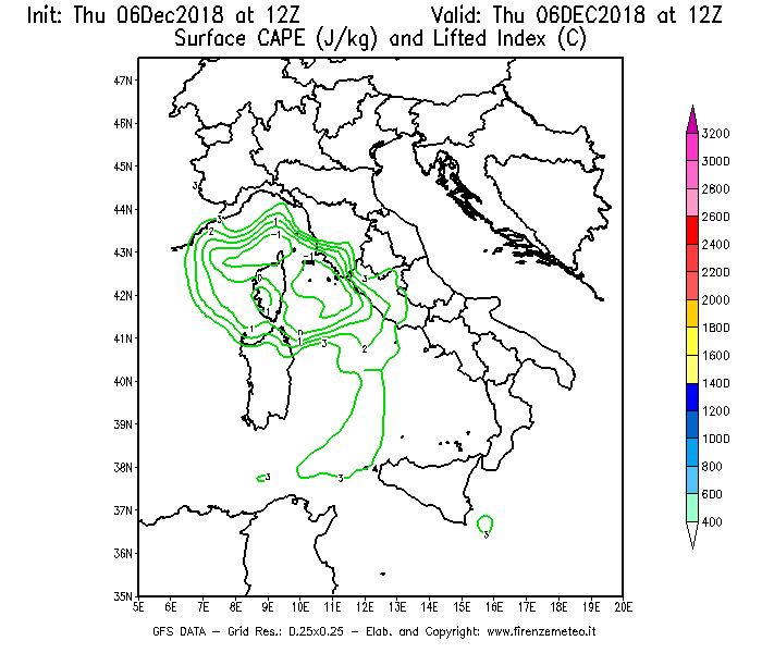 Mappa di analisi GFS - CAPE [J/kg] e Lifted Index [°C] in Italia
							del 06/12/2018 12 <!--googleoff: index-->UTC<!--googleon: index-->