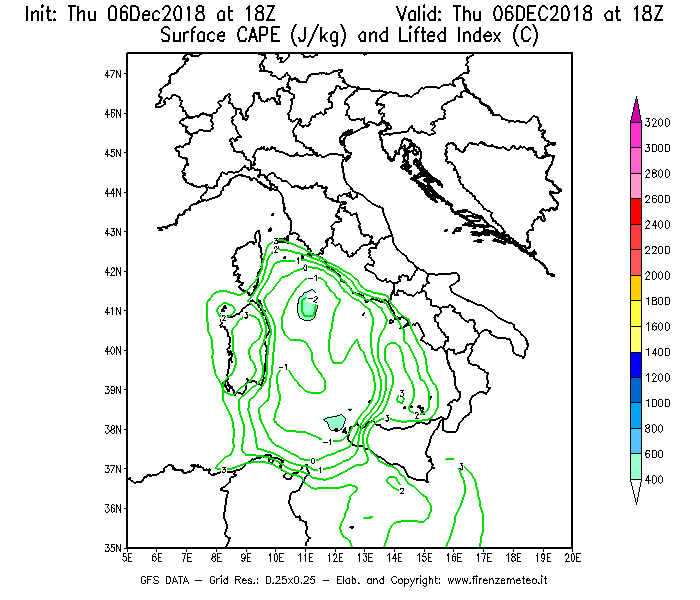 Mappa di analisi GFS - CAPE [J/kg] e Lifted Index [°C] in Italia
							del 06/12/2018 18 <!--googleoff: index-->UTC<!--googleon: index-->