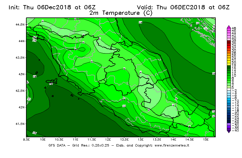 Mappa di analisi GFS - Temperatura a 2 metri dal suolo [°C] in Centro-Italia
							del 06/12/2018 06 <!--googleoff: index-->UTC<!--googleon: index-->