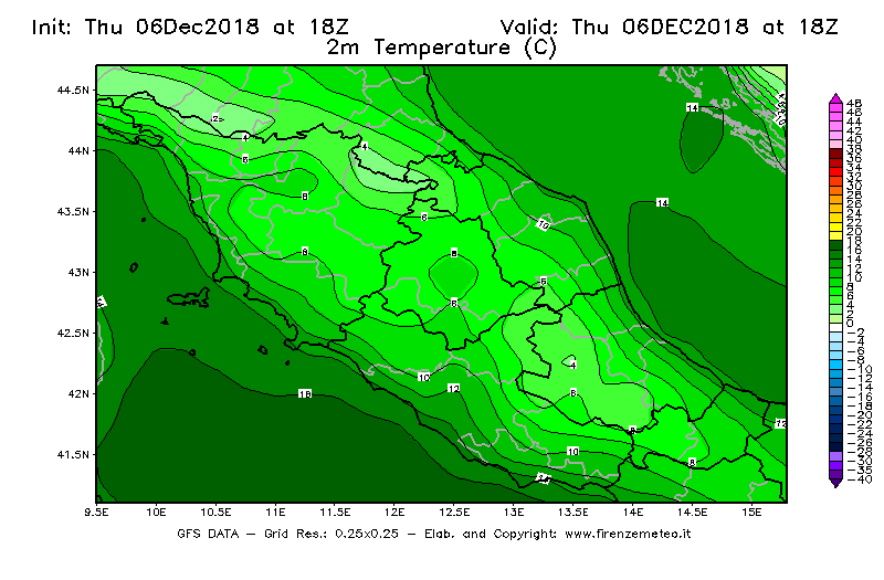 Mappa di analisi GFS - Temperatura a 2 metri dal suolo [°C] in Centro-Italia
							del 06/12/2018 18 <!--googleoff: index-->UTC<!--googleon: index-->