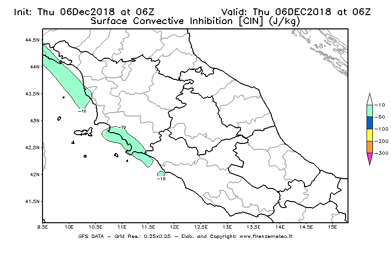 Mappa di analisi GFS - CIN [J/kg] in Centro-Italia
							del 06/12/2018 06 <!--googleoff: index-->UTC<!--googleon: index-->