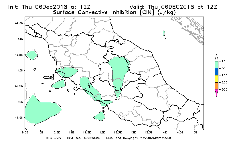 Mappa di analisi GFS - CIN [J/kg] in Centro-Italia
							del 06/12/2018 12 <!--googleoff: index-->UTC<!--googleon: index-->