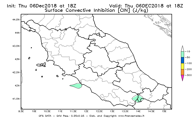 Mappa di analisi GFS - CIN [J/kg] in Centro-Italia
							del 06/12/2018 18 <!--googleoff: index-->UTC<!--googleon: index-->